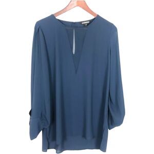 Express Navy Blue Long Split Sleeve Blouse Mesh V-Neck Career Top Women's Medium